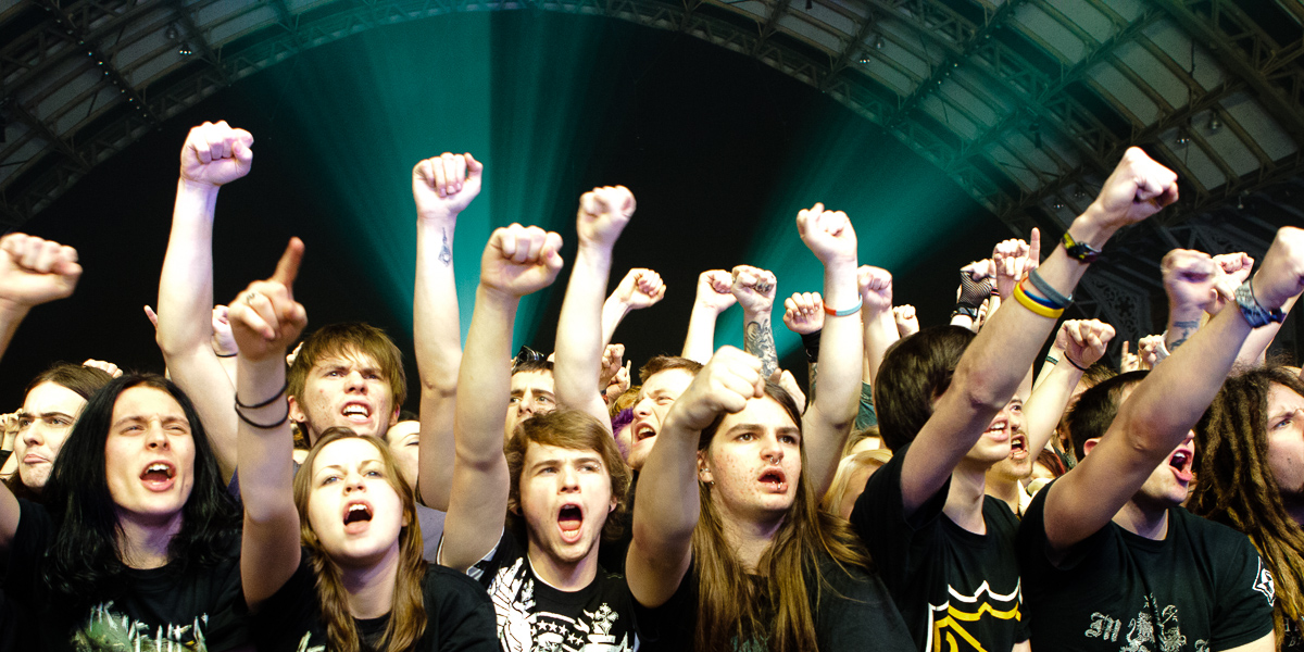 Audience rocking out to Machine Head performing live at Manchester Central